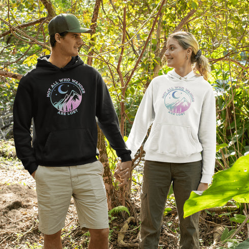 This hoodie features a colorful mountain graphic that will make you feel like you're already on the trail, and the saying "Not All Who Wander Are Lost"